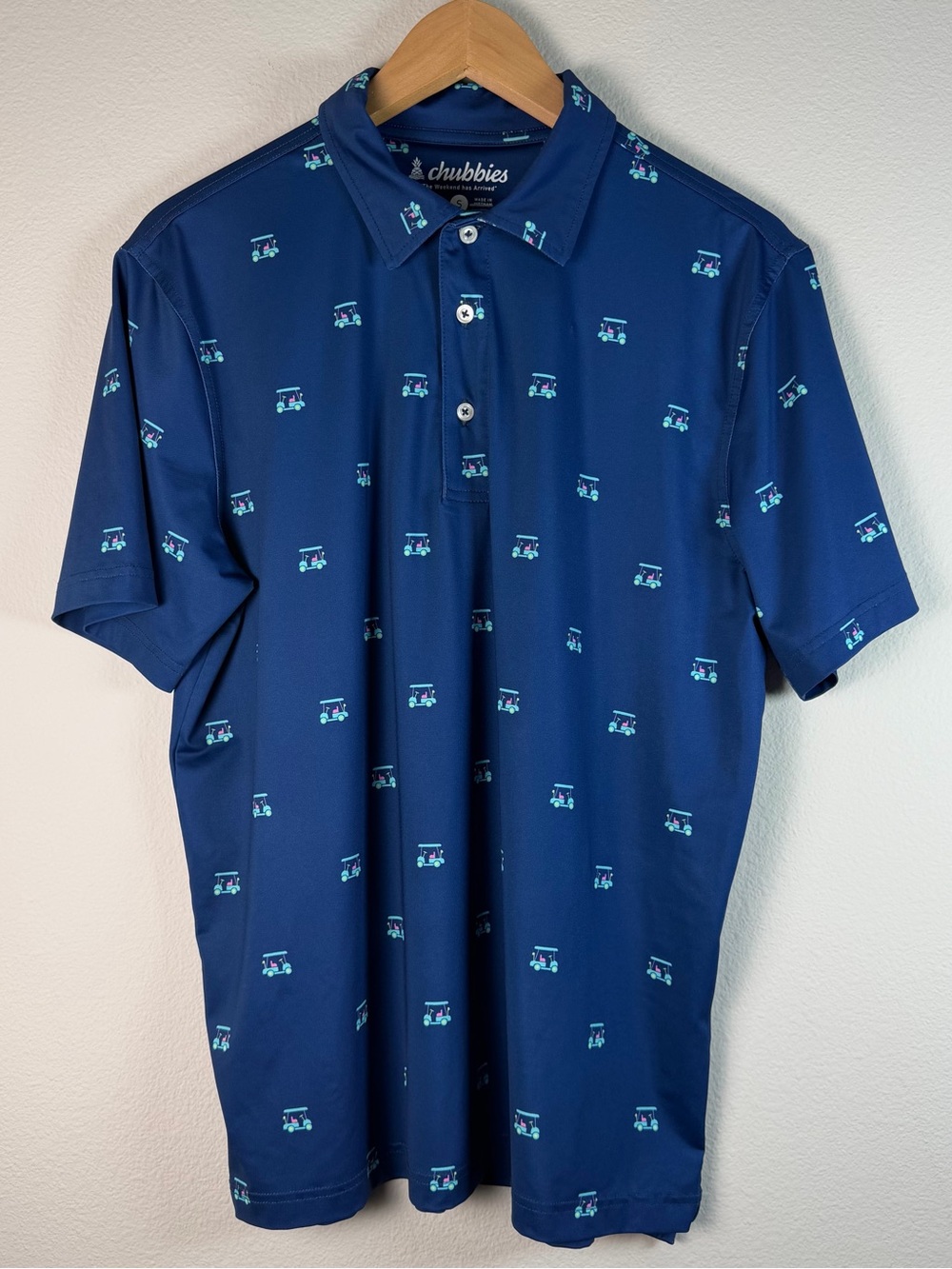 Chubbies Polo Shirt Mens Small Navy Blue Golf Cart Print Performance Stretch